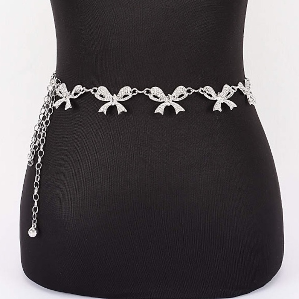 Silver Rhinestone Bow Chain Waist Statement Belt